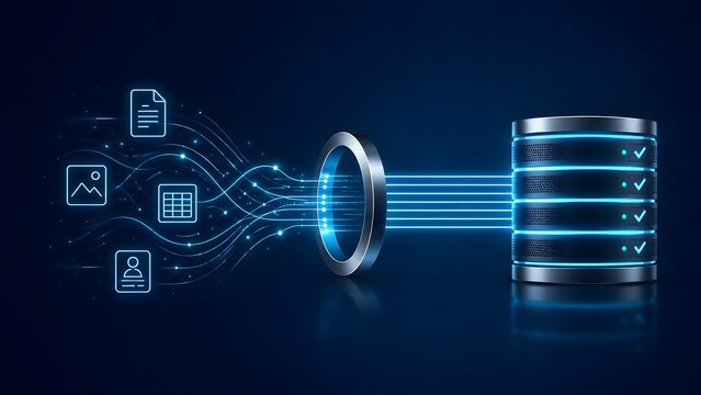 Digital data migration and integration concept with unstructured information flowing through a transforming ring into an organized server database