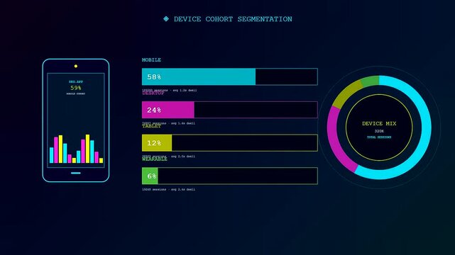 Interactive audience segmentation analytics displayed across three dynamic digital screens featuring glowing bar charts and circular donut graphs in a sleek dark blue software interface