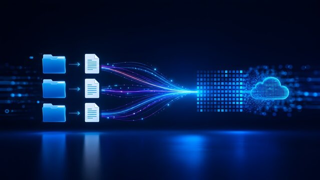 Cloud computing and data migration concept with file folders transferring document information through glowing fiber optic cables into a digital cloud server