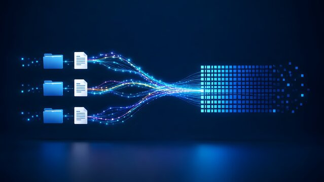 Digital data processing and information dissemination concept with file folders transmitting document data through glowing cables into scattering digital pixels