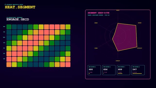 Advanced audience segmentation displayed through neon radar charts and digital grid layouts on a dark monitor screen capturing changing consumer behavior data in a virtual interface