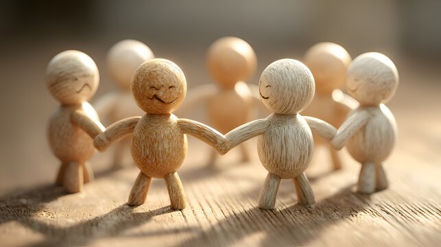 Wooden figures holding hands in a circle symbolizing teamwork and community on a warm wooden surface