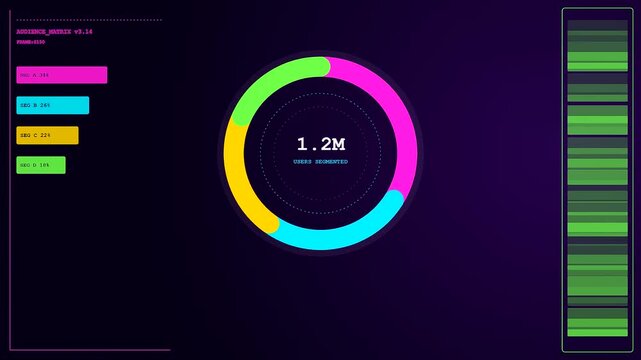 Data science analytics demonstrating audience segmentation through circular dashboard rings as user population metrics evolve across three distinct digital panels displayed in a clean dark environment