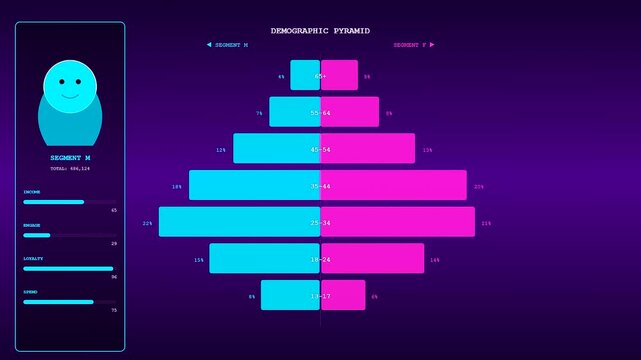 Displaying audience segmentation analytics within a dark digital interface featuring multiple demographic pyramid charts and user profiles shown in a bright blue and vibrant neon magenta color