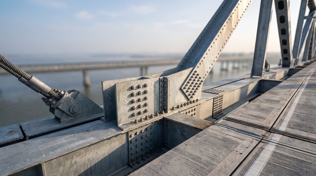 Detailed view of steel truss bridge construction with bolts and cables