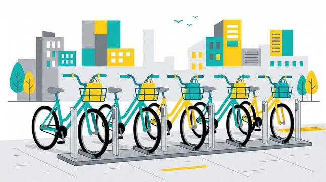 Public Bike Sharing Station in Modern City Flat Vector Illustration