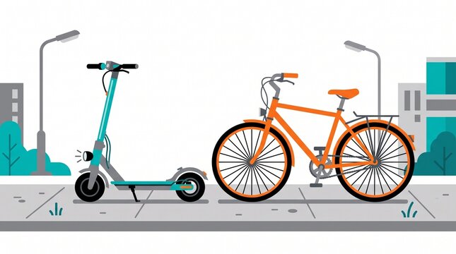 Electric Scooter and Bicycle Parked on City Sidewalk Flat Illustration