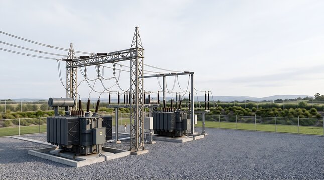 Electrical power substation with transformers and cables in a rural field