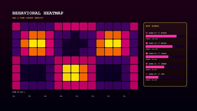 Dynamic audience segmentation visualization showing evolving data grids on a dark screen with shifting color patterns representing growth cycles in an animated digital software interface display