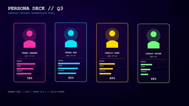 A digital graphic interface demonstrating audience segmentation methods with glowing neon user avatar icons and statistics bars displayed against a dark purple canvas in a cinematic transition