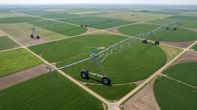 Aerial view of center pivot irrigation systems in large agricultural fields
