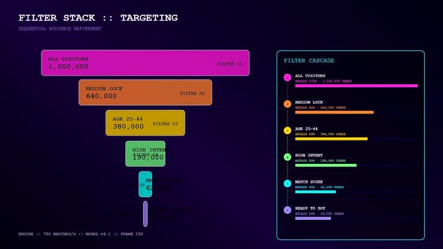 Digital data audience segmentation displayed in a procedural cascade diagram showing progressive refinement through layers of neon filter blocks on a dark purple gradient interface screen