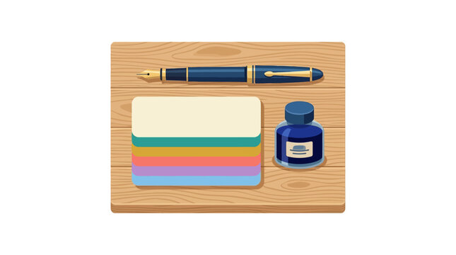 Flat Vector Illustration of Stationery Items on Wooden Desk