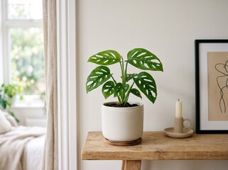 Fototapeta premium Monstera Adansonii Houseplant in White Ceramic Pot on Wooden Table in Modern Bright Interior