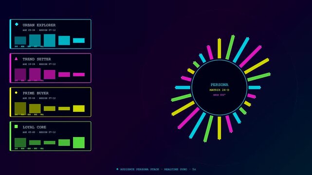 Data visualizations showing audience segmentation in a dark digital interface featuring rotating circular graphs and colorful segments pulsing in a synchronized fashion for user insight