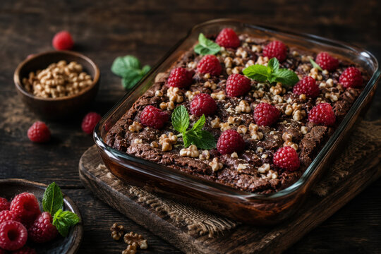 Decadent chocolate raspberry brownie baked in glass dish, topped with nuts and mint