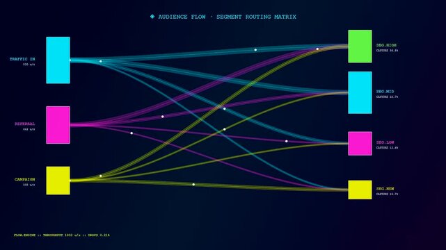 Dynamic data visualization for audience segmentation displayed on a digital interface showing animated flow lines connecting multiple nodes across three repeating screens in real time