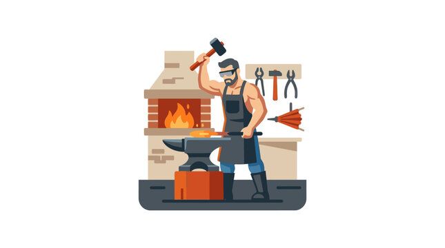 Man working as blacksmith hammering metal.