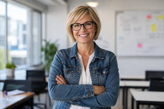 The Teacher in Denim Jacket Smiling in a Bright Classroom