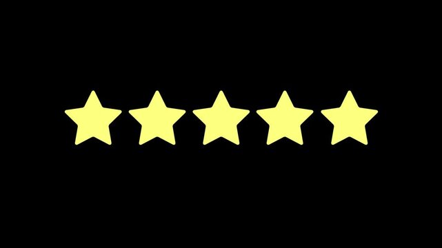 Animated five yellow stars rating icon on a solid black background. 5-star customer feedback, premium quality service evaluation, and success motion graphic element