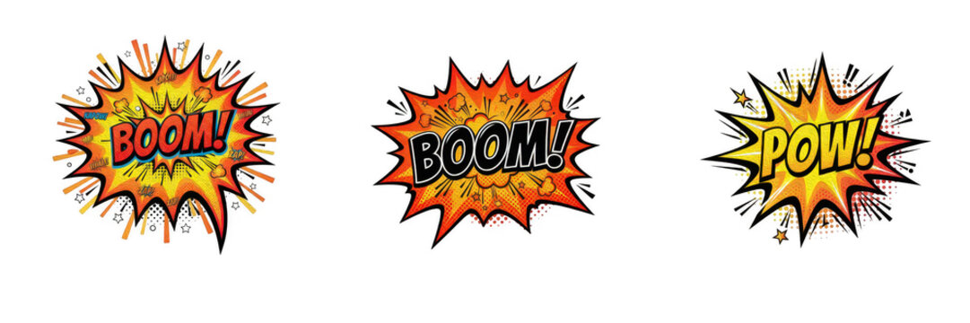Colorful vintage comic book boom and pow text bubbles with explosive sound effect bursts isolated on white background
