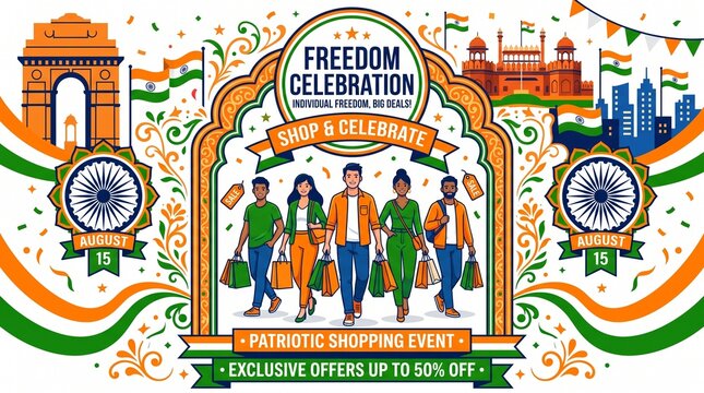 India Independence Day Celebration Shopping Event with People and Landmarks