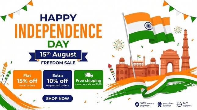 Happy Independence Day India Freedom Sale with 15% off, extra 10% off, and free shipping, featuring the Indian flag and historical monuments.