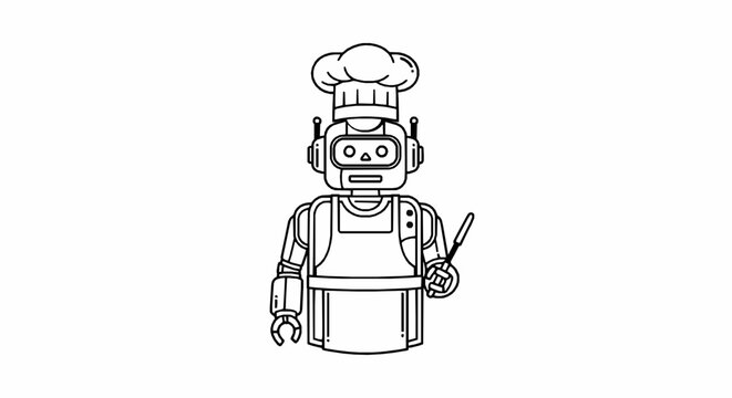 Minimalist line art illustration featuring a friendly robotic chef wearing an apron with while holding culinary