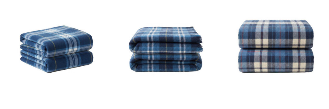 Set of stacked blue plaid blankets or bed sheets isolated on white background home textile products cozy flannel fabrics soft cloth photography shop items