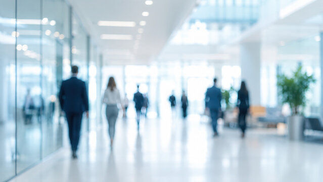 Bright modern blurred office interior background showing professional business people walking corporate workplace setting abstract contemporary room soft natural daylight bokeh