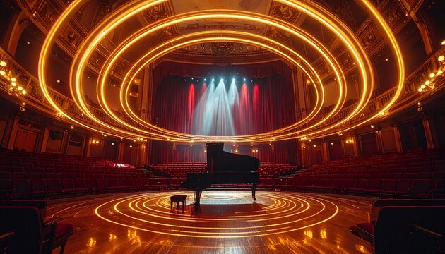 Grand Piano on Theater Stage Beneath Glowing Circular Lights