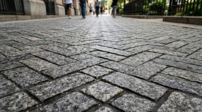 Perspective view of a stone paved sidewalk with blurred figures of pedestrians enjoying a city walk.