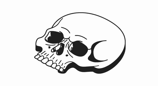 Minimalist hand drawn skull illustration featuring bold black outlines on a clean white background with displays stylized hand