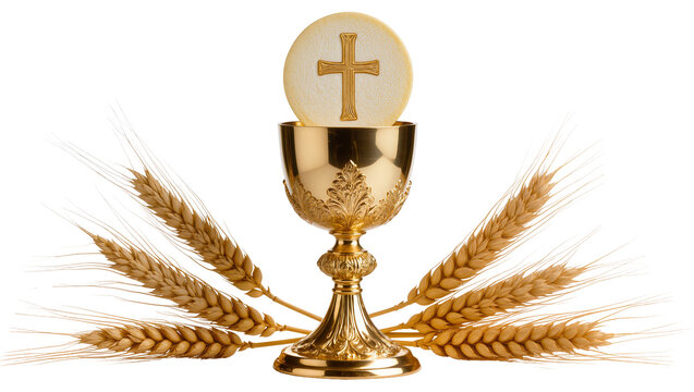 Isolated golden chalice with sacred host and cross surrounded by wheat ears for religious ceremony
