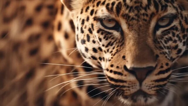 Extreme close up of leopard face in golden light