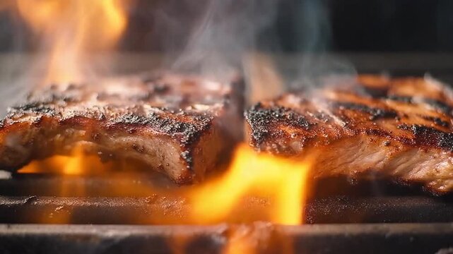 Juicy Beef Steaks with Charred Edges Sizzling on Hot Grill with Vibrant Flames and Smoke Trails, Cinematic 1080p