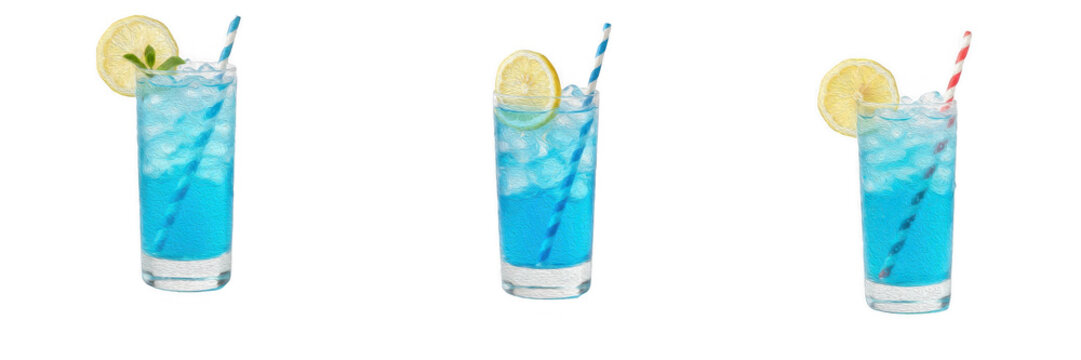 Set of refreshing blue cocktail drinks with ice cubes lemon slices and striped straws isolated on white background summer tropical beverages cold bar refreshment party mocktails delicious drink photog