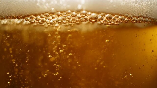Close Up of Golden Beer with Tiny Bubbles Rising and Sparkling in Glass Full HD Macro Video