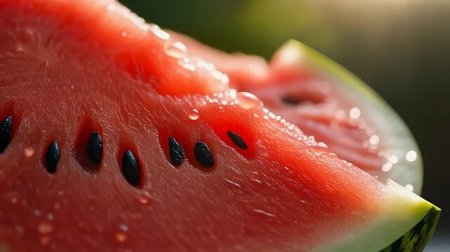 Refreshing Extreme Close-up of Juicy Red Watermelon Slice with Water Droplets in Soft Natural Light, Summer Food Concept