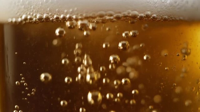 Macro View of Rising Carbonation Bubbles in Cold Golden Beer with White Foam Top, Refreshing Beverage Background 1080p