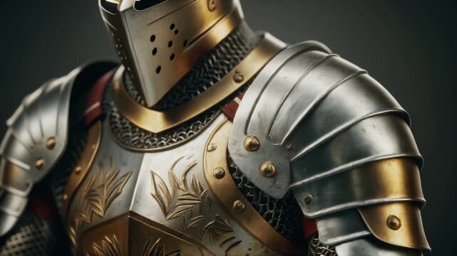 Intricate Engravings on Polished Silver and Gold Knight Armor, Cinematic Full HD History Background