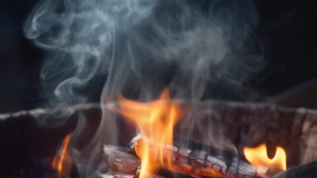 Cinematic Slow Motion of Wispy White Smoke Rising from Campfire Coals at Night, Atmospheric Outdoor Background