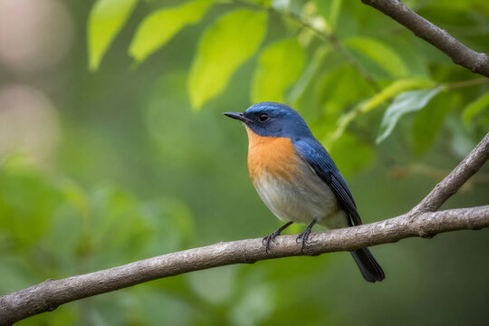A small Indochinese blue flycatcher bird perched gracefully on a thin tree branch with vibrant green foliage blurred in the background. The bird features bright blue upperparts and an orange chest wit