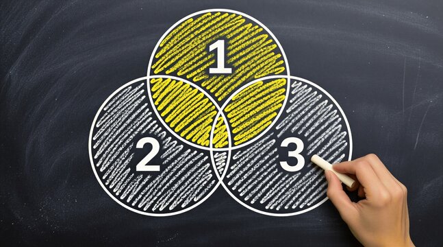 Hand draws white Venn diagram circles with yellow chalk shading on black board. Numbers one two three represent distinct sets, overlapping areas. Graphic math illustration explains logic relations