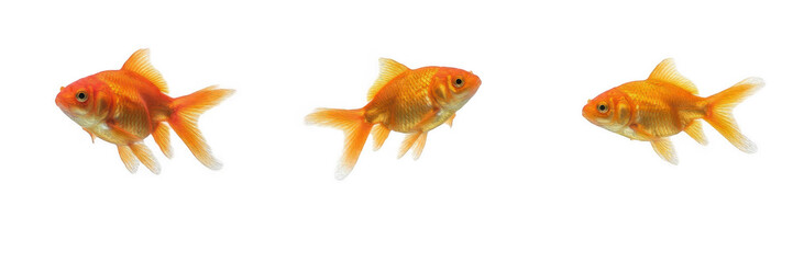 Fototapeta premium Set of Three Bright Orange Goldfish Swimming Isolated on White Background Detailed Aquatic Animal and Pet Fish Illustration Collection