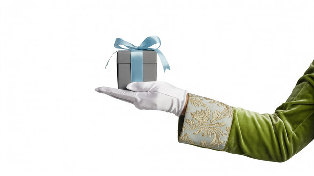 Professional presentation of a small luxury gift box held by a gloved hand
