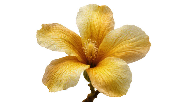 Isolated vibrant natural yellow tropical flower blossom with delicate petals and prominent stamens