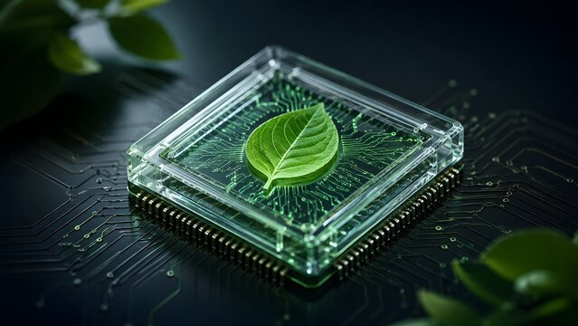 Green Leaf Resting on High Tech Computer Microchip Symbolizing Sustainable Technology and Green Computing