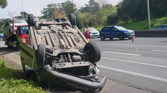 Vehicle is flipped over on the highway. Emergency services are present. Cars are slowing down and avoiding the crash site during the day.