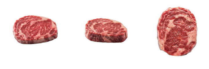 Obraz premium Set of Three Fresh Raw Beef Steak Slices Isolated on White Background Detailed Marbled Meat Cut Illustration for Cooking Barbecue and Butchery Design